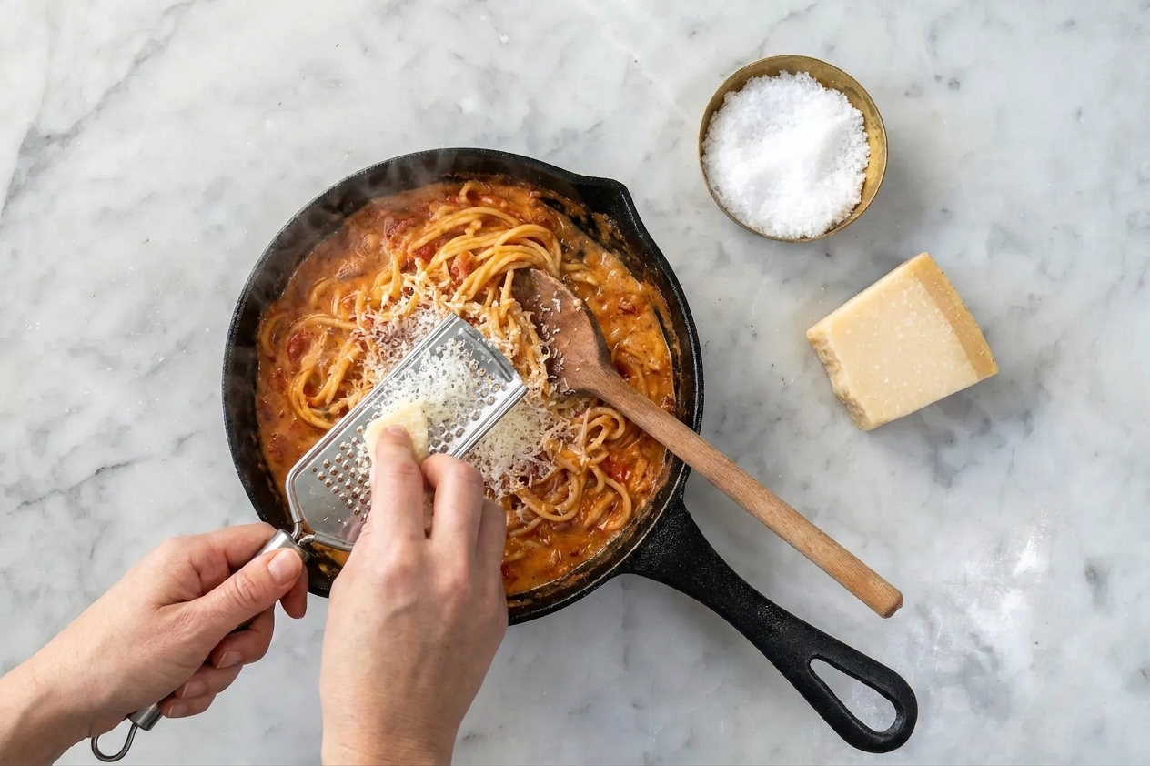 Freshly grated Parmesan falling onto a warm skillet of creamy tomato pasta on a kitchen counter