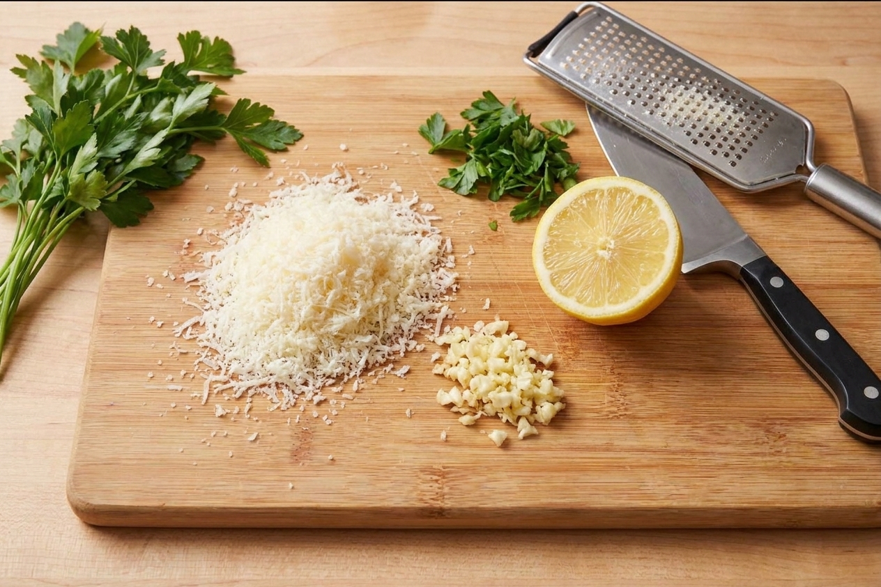Freshly grated Parmesan, minced garlic, and a halved lemon on a wooden cutting board on a kitchen counter