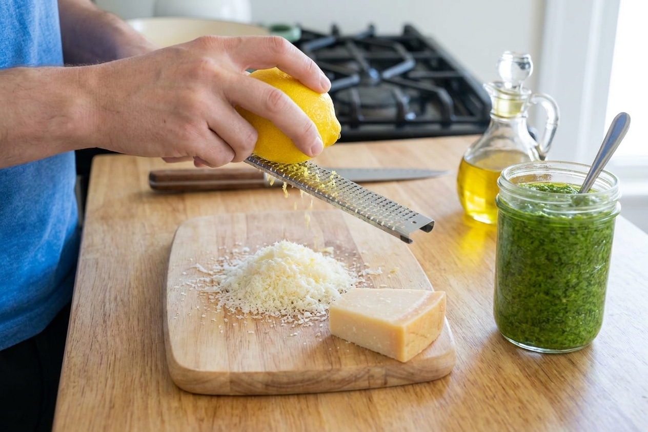 Freshly grated Parmesan next to a lemon being zested and an open jar of basil pesto on a kitchen counter