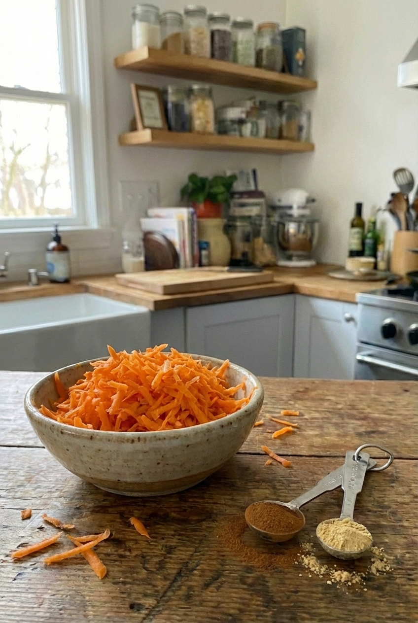 Freshly grated carrots in a bowl beside measuring spoons of cinnamon and ginger on a kitchen counter
