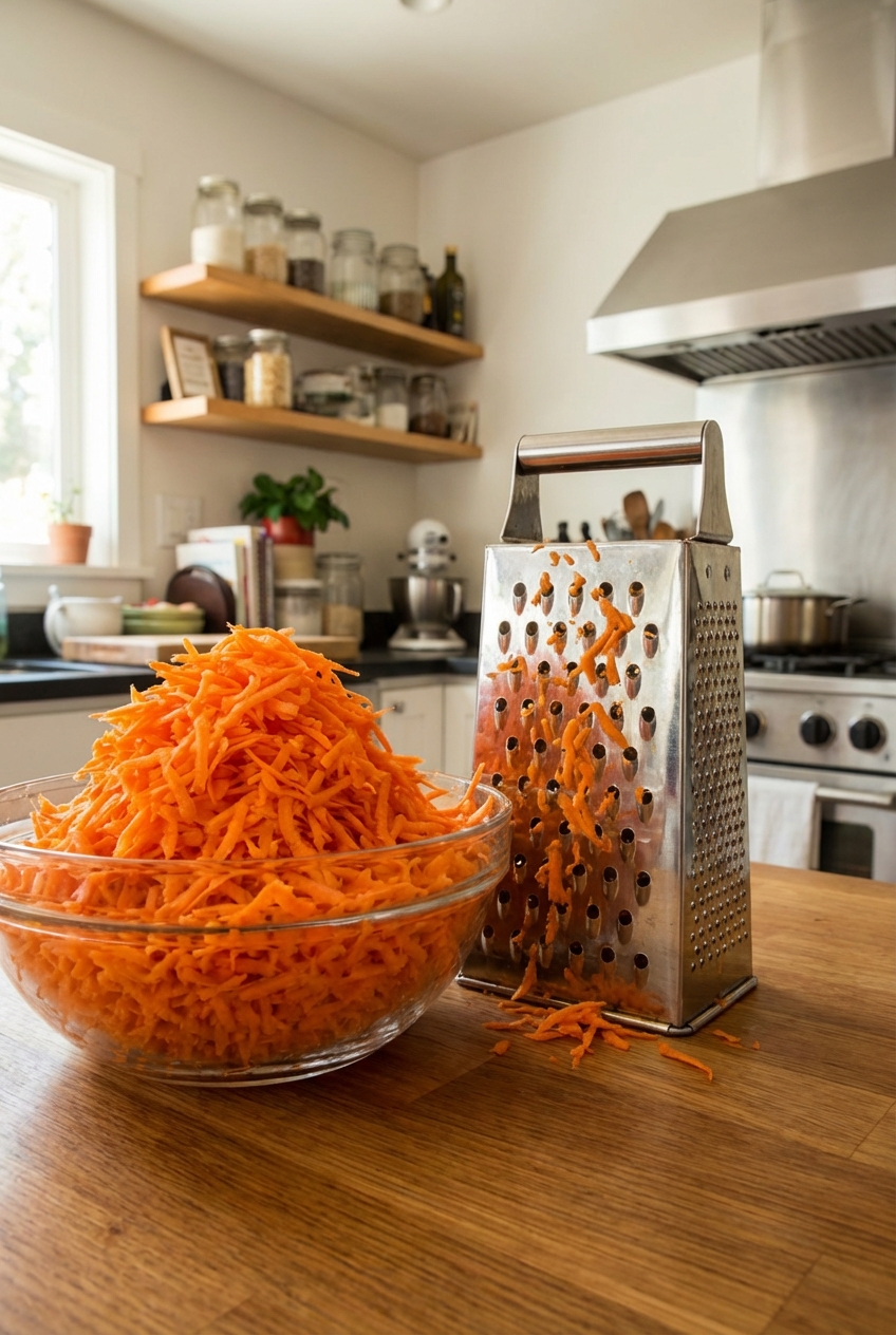 Freshly grated carrots in a glass bowl on a kitchen counter next to a box grater