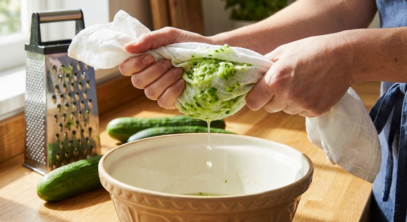 Freshly grated cucumber being squeezed in a clean kitchen towel over a bowl
