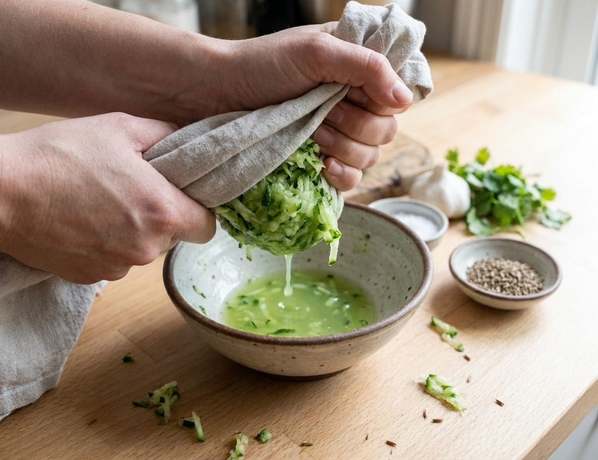 Freshly grated cucumber being squeezed in a clean kitchen towel over a bowl to remove excess liquid