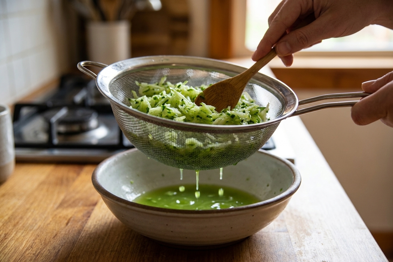Freshly grated cucumber sitting in a fine-mesh strainer over a bowl on a kitchen counter, with visible moisture collecting below