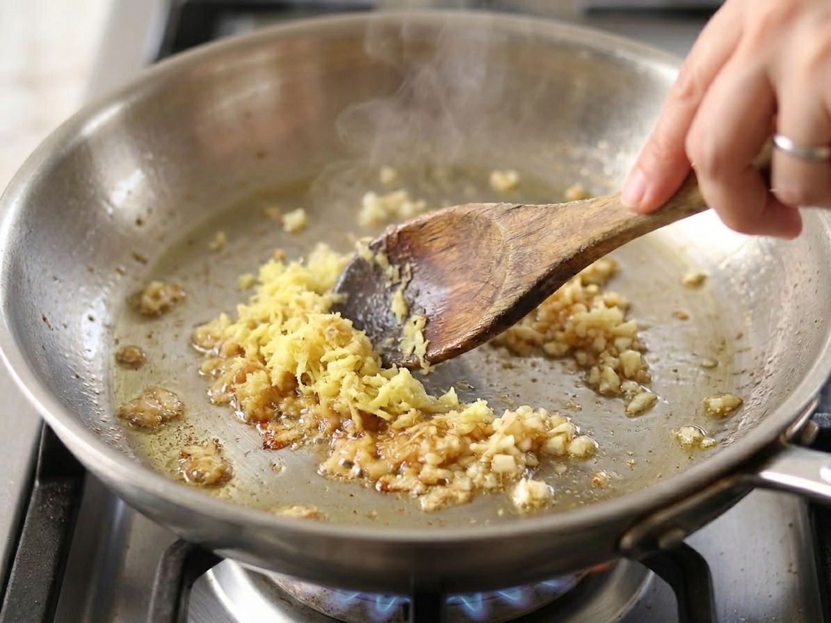 Freshly grated ginger and garlic sizzling in a skillet, being stirred with a wooden spoon
