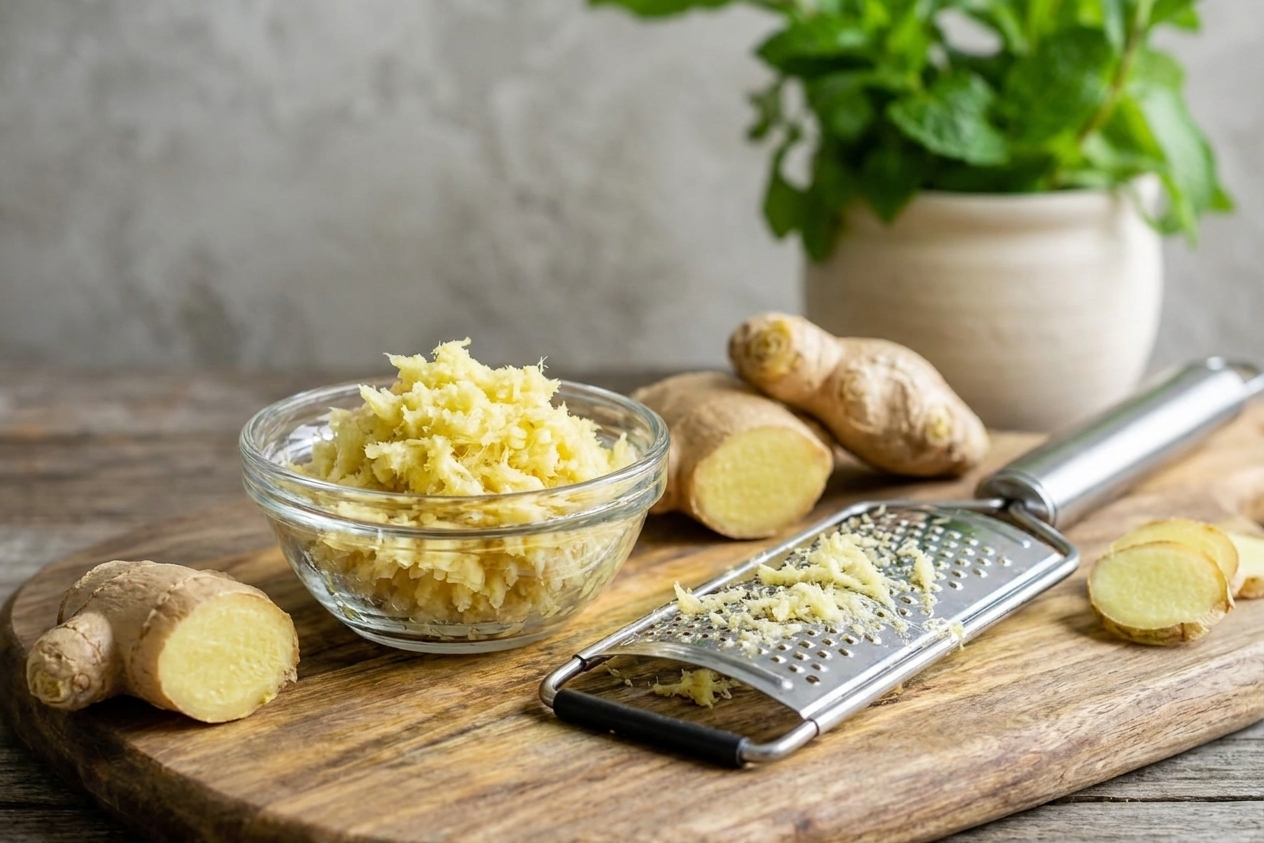 Freshly grated ginger in a bowl beside a microplane grater and peeled ginger knobs on a cutting board