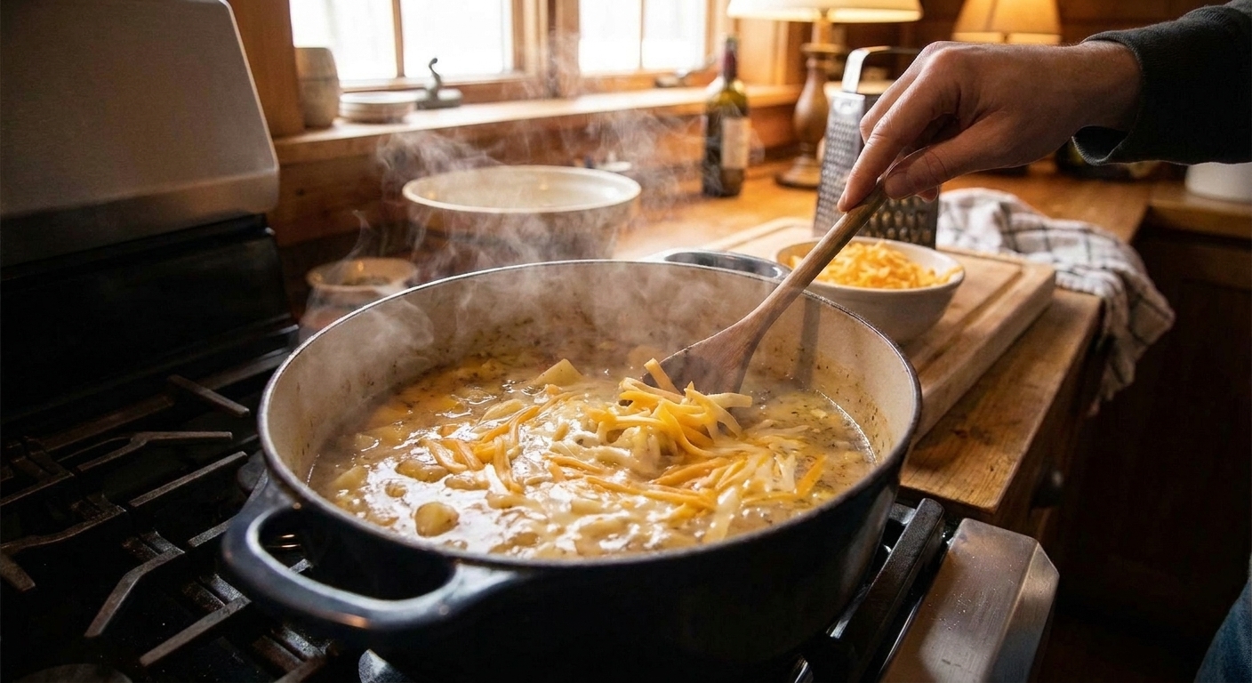 Freshly grated sharp cheddar being stirred into hot potato soup, melting smoothly into the broth
