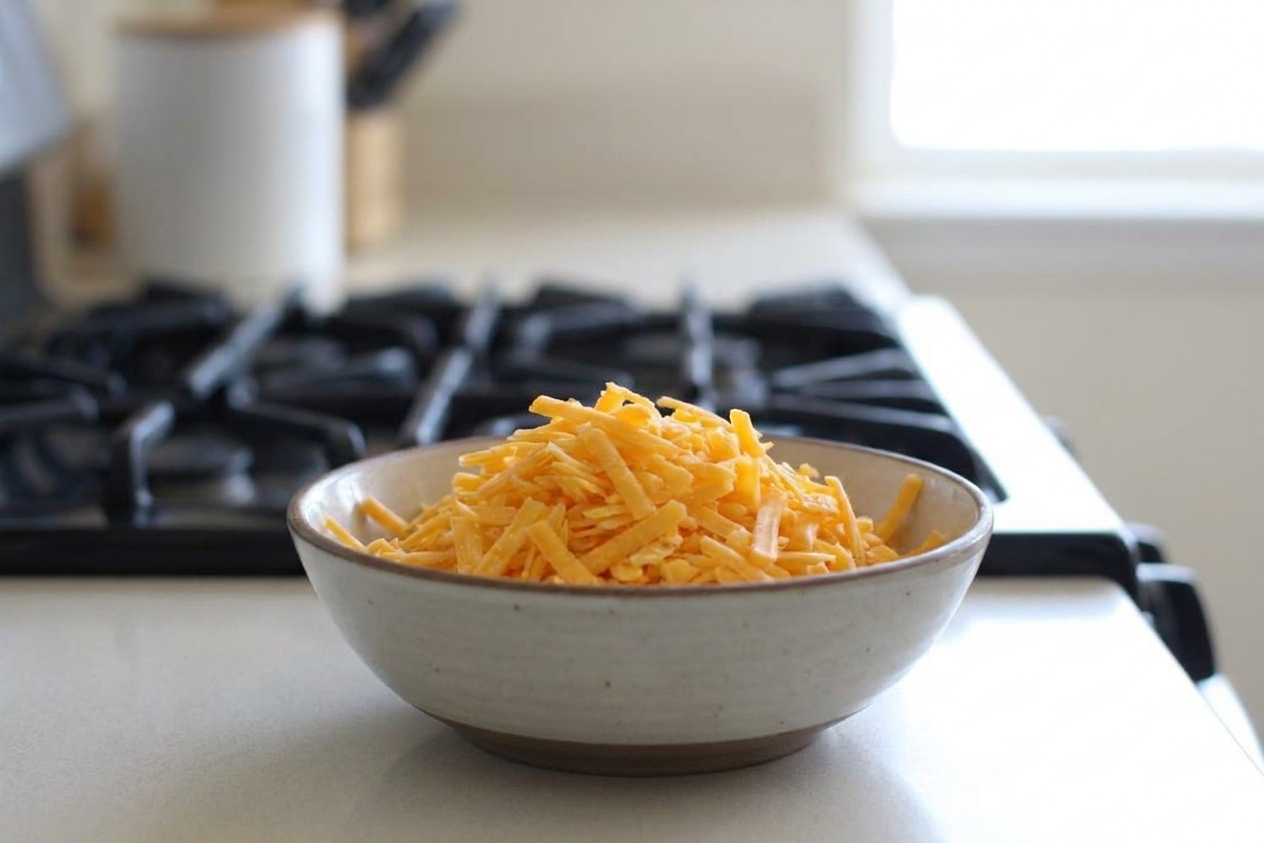 Freshly grated sharp cheddar in a bowl on a kitchen counter