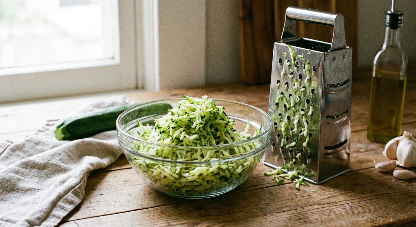 Freshly grated zucchini in a glass bowl with a box grater on a kitchen counter