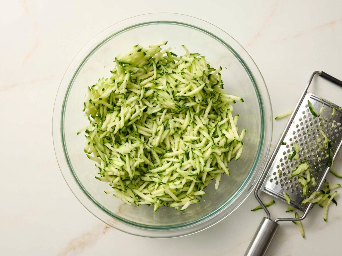 Freshly grated zucchini piled in a glass bowl on a clean kitchen counter.