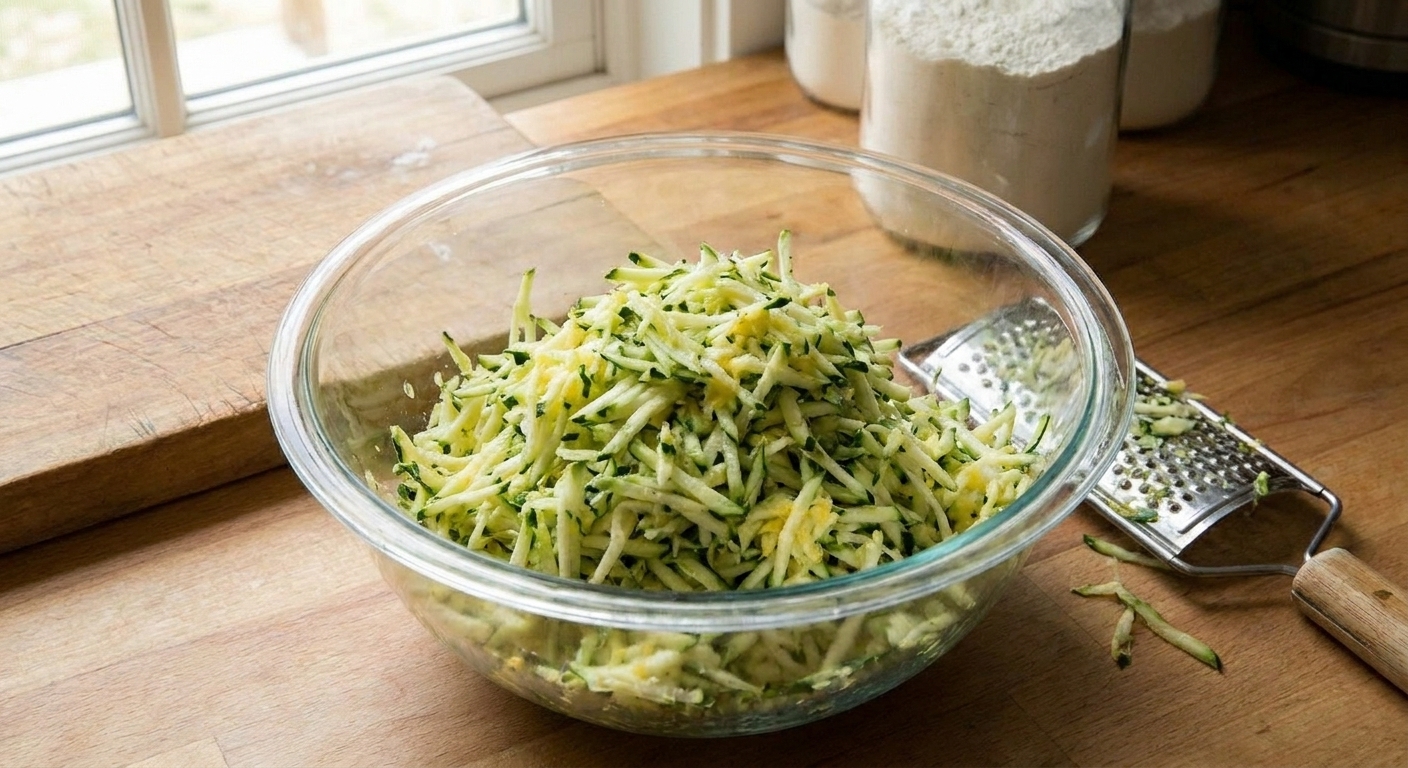 Freshly grated zucchini piled in a glass bowl on a kitchen counter with a box grater nearby
