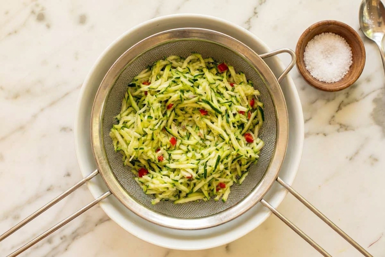 Freshly grated zucchini sitting in a colander over a bowl on a kitchen counter, ready to be salted and drained