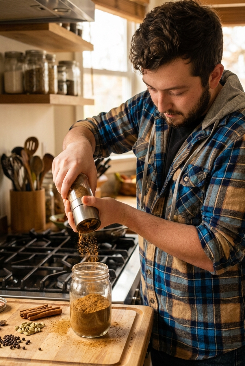 Freshly ground garam masala being poured from a spice grinder into a small glass jar