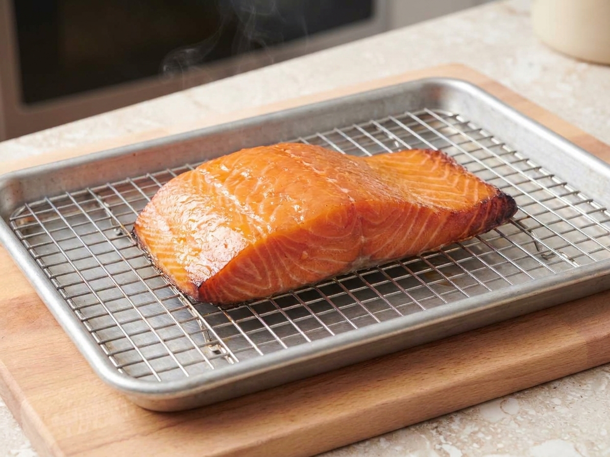 Freshly hot-smoked salmon fillet on a sheet pan with a wire rack, warm amber surface and slightly crisp edges