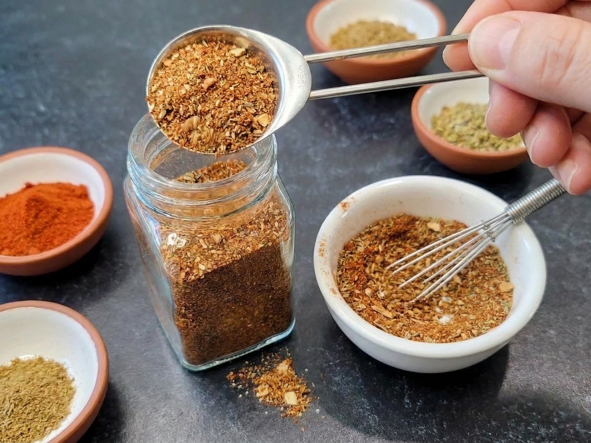 Freshly mixed taco seasoning being spooned into a small glass spice jar on a clean kitchen counter