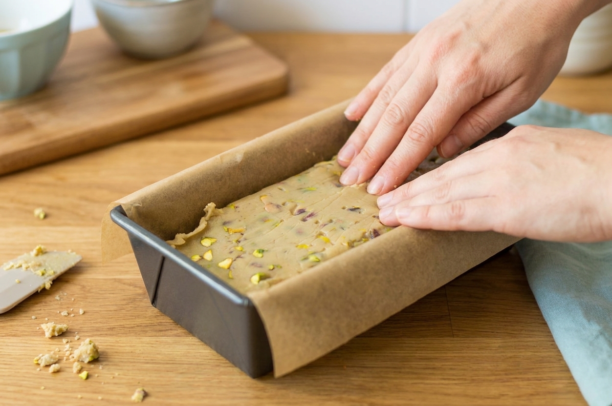 Freshly mixed tahini halvah pressed into a parchment-lined loaf pan on a kitchen counter
