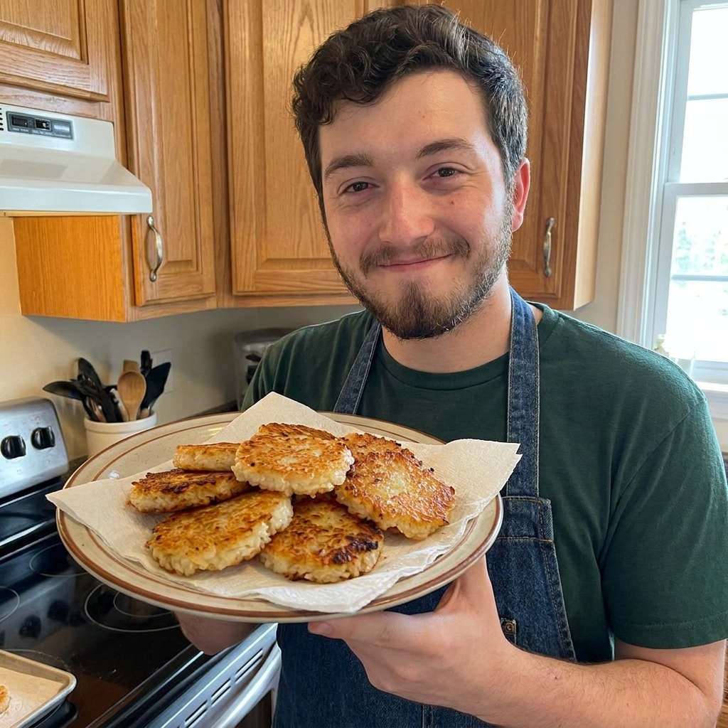 Freshly pan-fried crispy rice cakes resting on a plate lined with a paper towel, showing golden brown crust and crisp edges