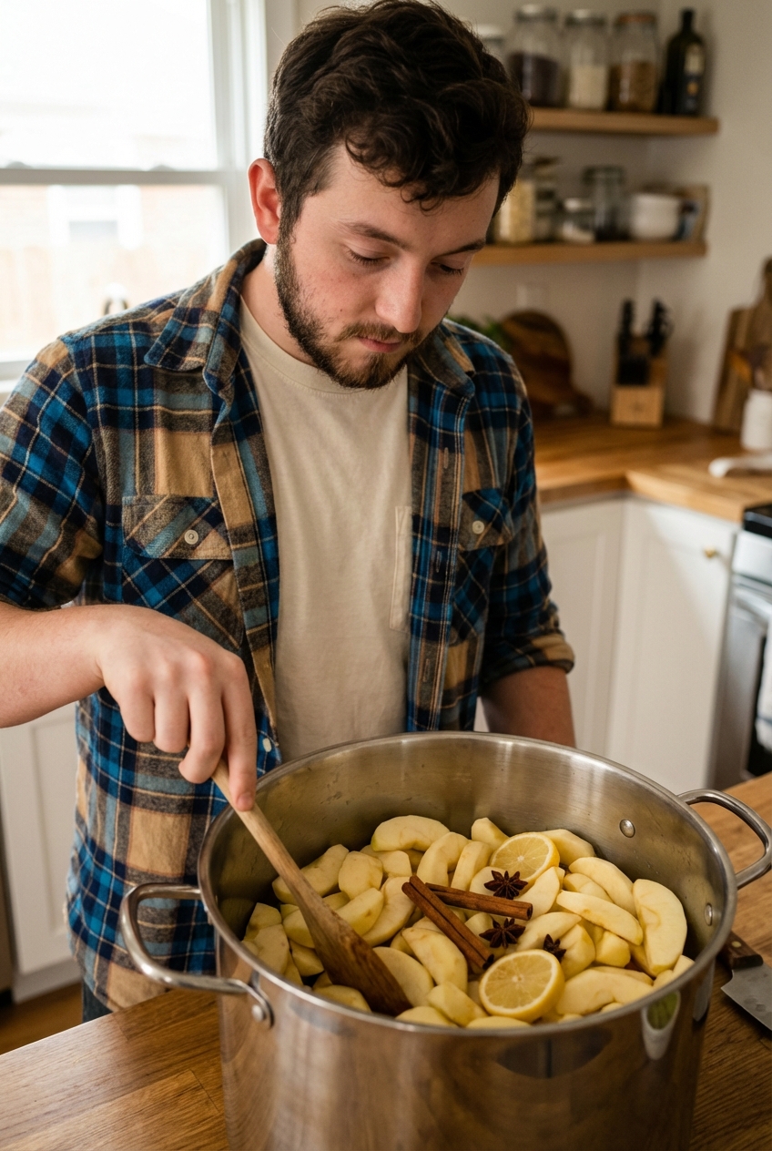 Freshly peeled and sliced apples in a large pot with lemon and spices before cooking
