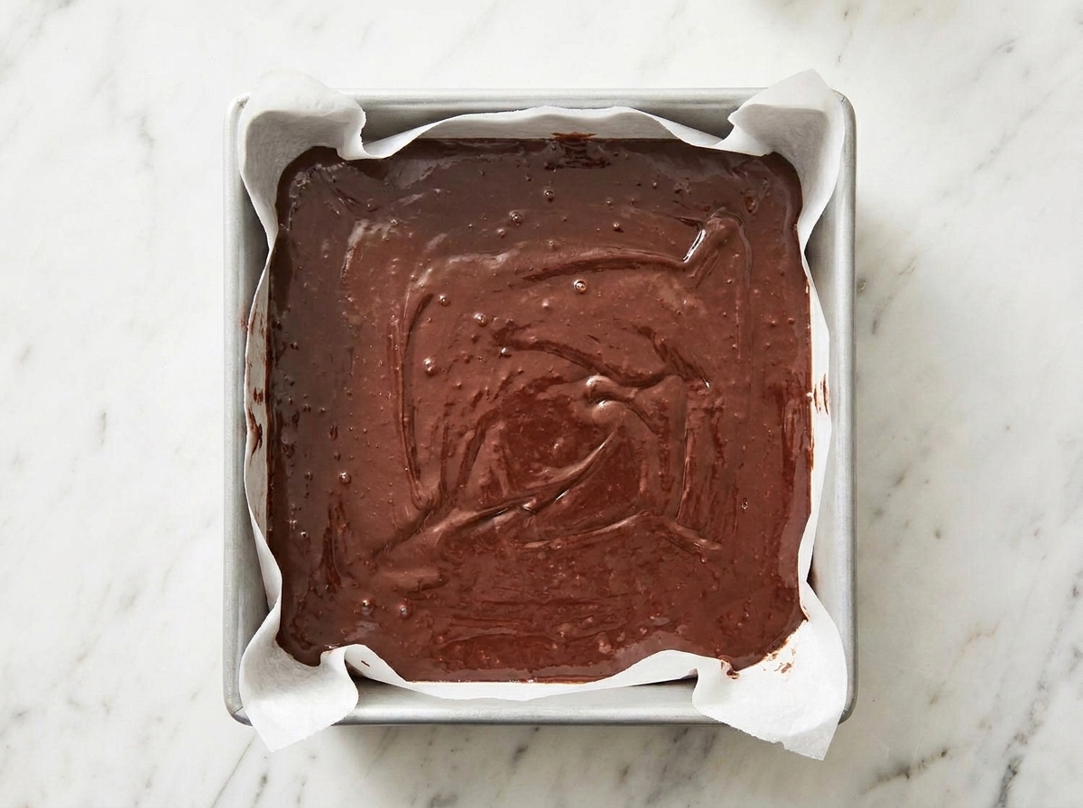 Freshly poured cocoa fudge spread evenly in a parchment-lined square pan on a kitchen counter