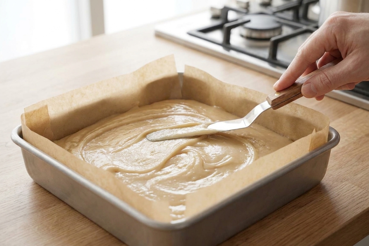 Freshly poured vanilla fudge smoothed into a parchment-lined 8x8 pan on a kitchen counter, ready to set