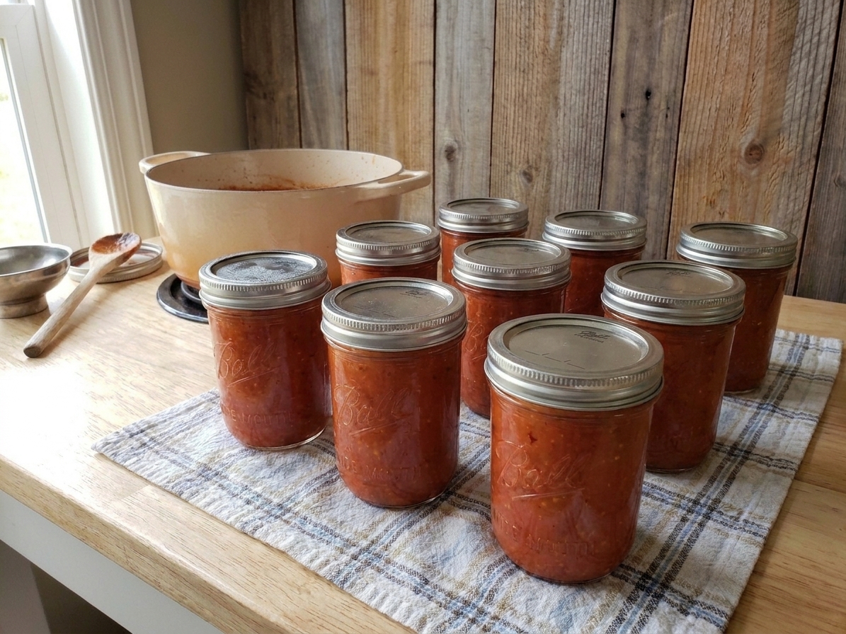 Freshly processed mason jars of tomato sauce cooling on a towel-lined counter with metal bands on