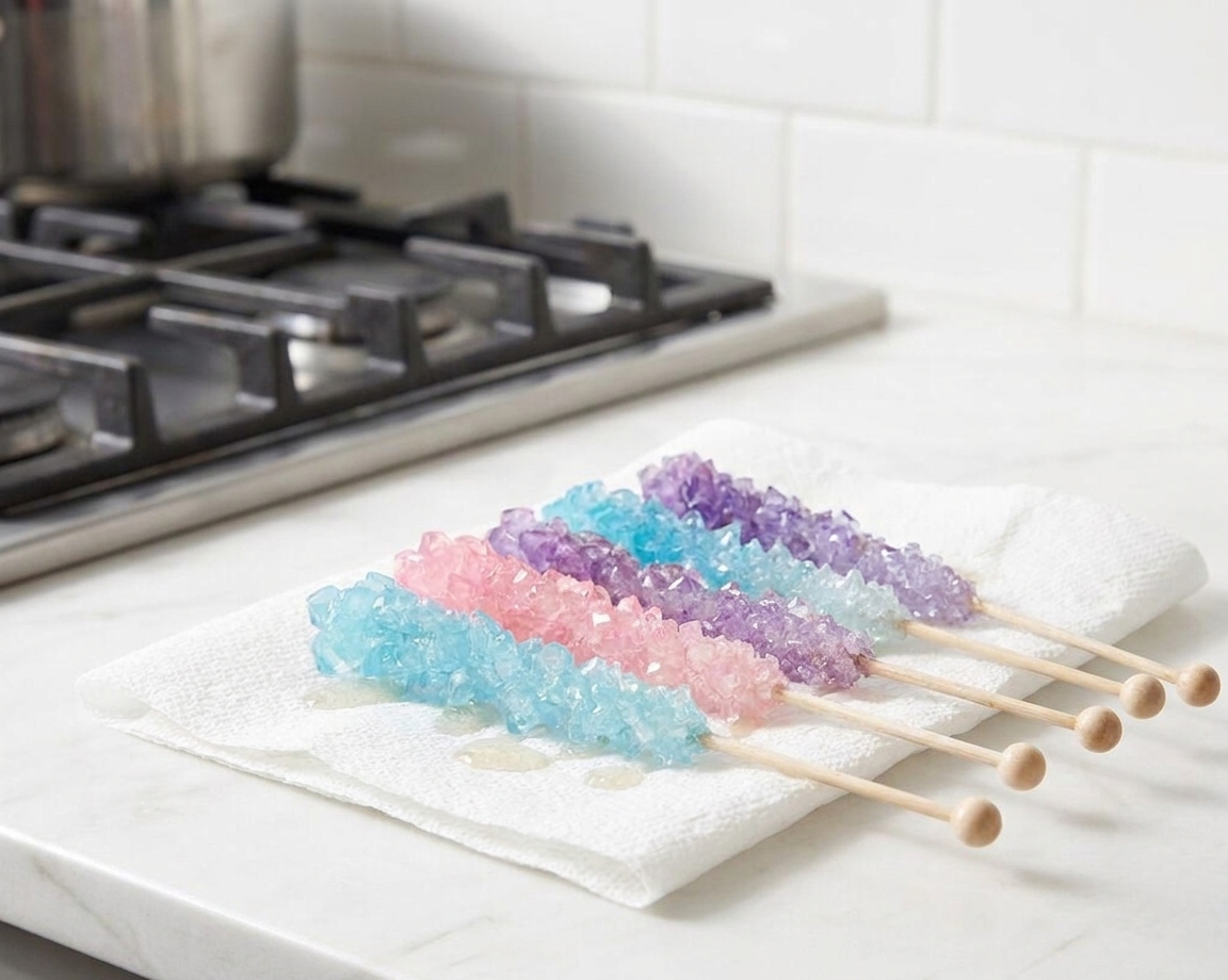 Freshly pulled rock candy sticks resting on paper towels to dry on a clean kitchen counter