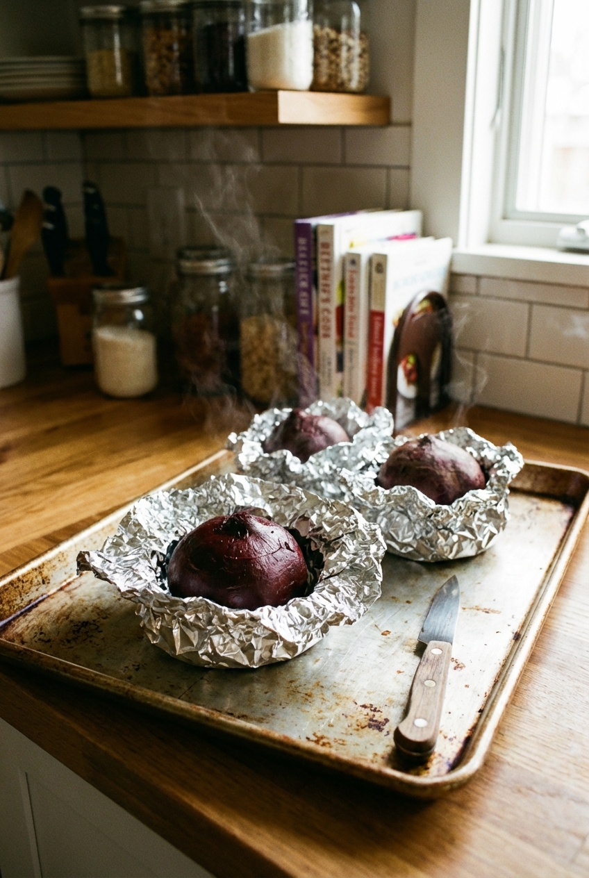 Freshly roasted whole beets wrapped in foil on a baking sheet with a small paring knife beside them