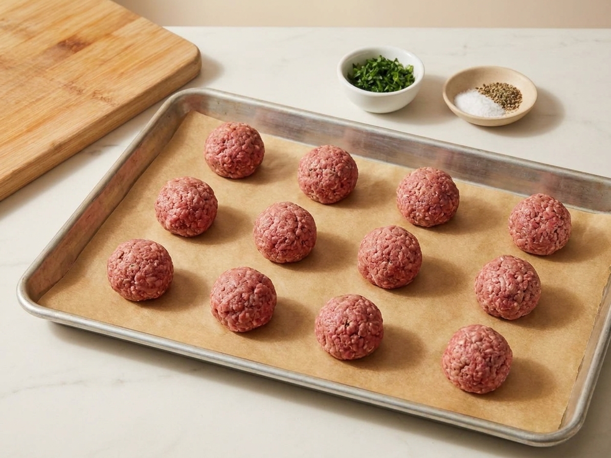 Freshly rolled raw meatballs arranged evenly on a parchment-lined sheet pan on a kitchen counter