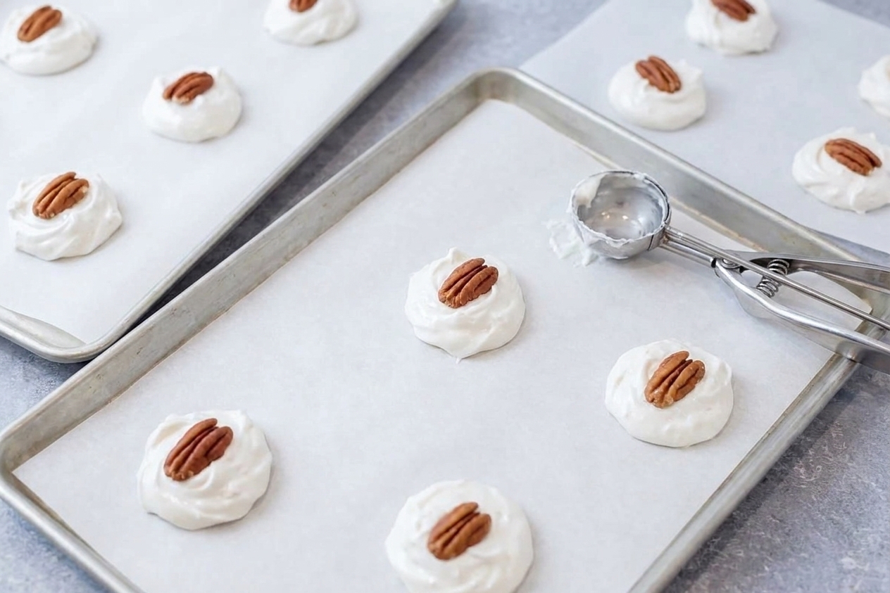 Freshly scooped mounds of divinity candy with pecans setting on parchment paper on a baking sheet
