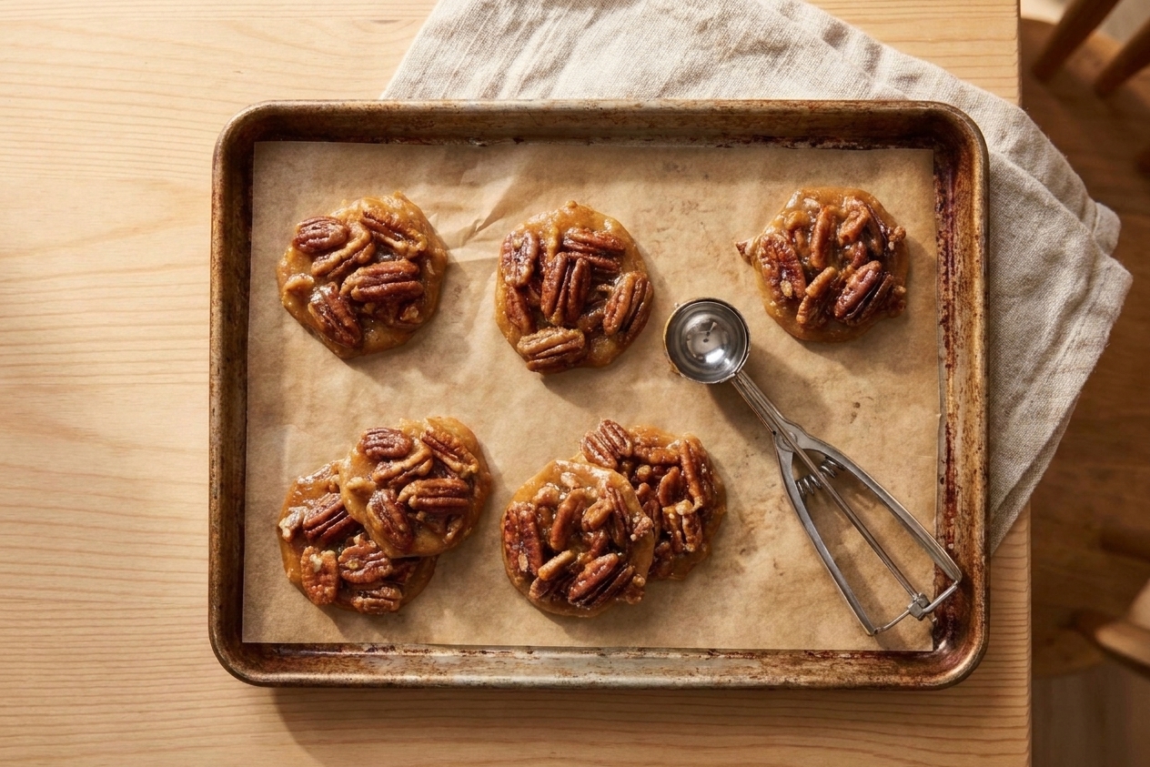 Freshly scooped pecan pralines cooling in rustic clusters on parchment paper