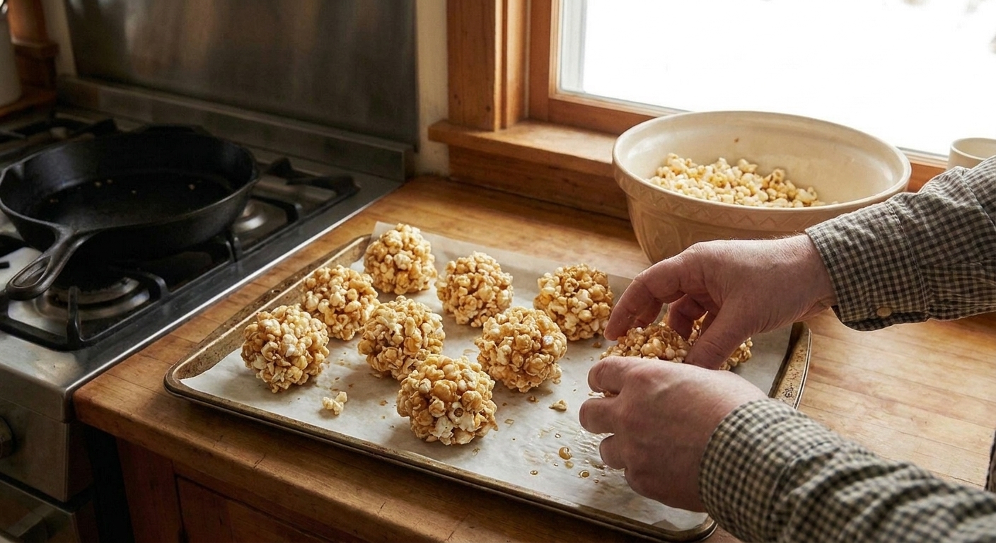 Freshly shaped popcorn balls cooling on a parchment-lined baking sheet in a softly lit kitchen