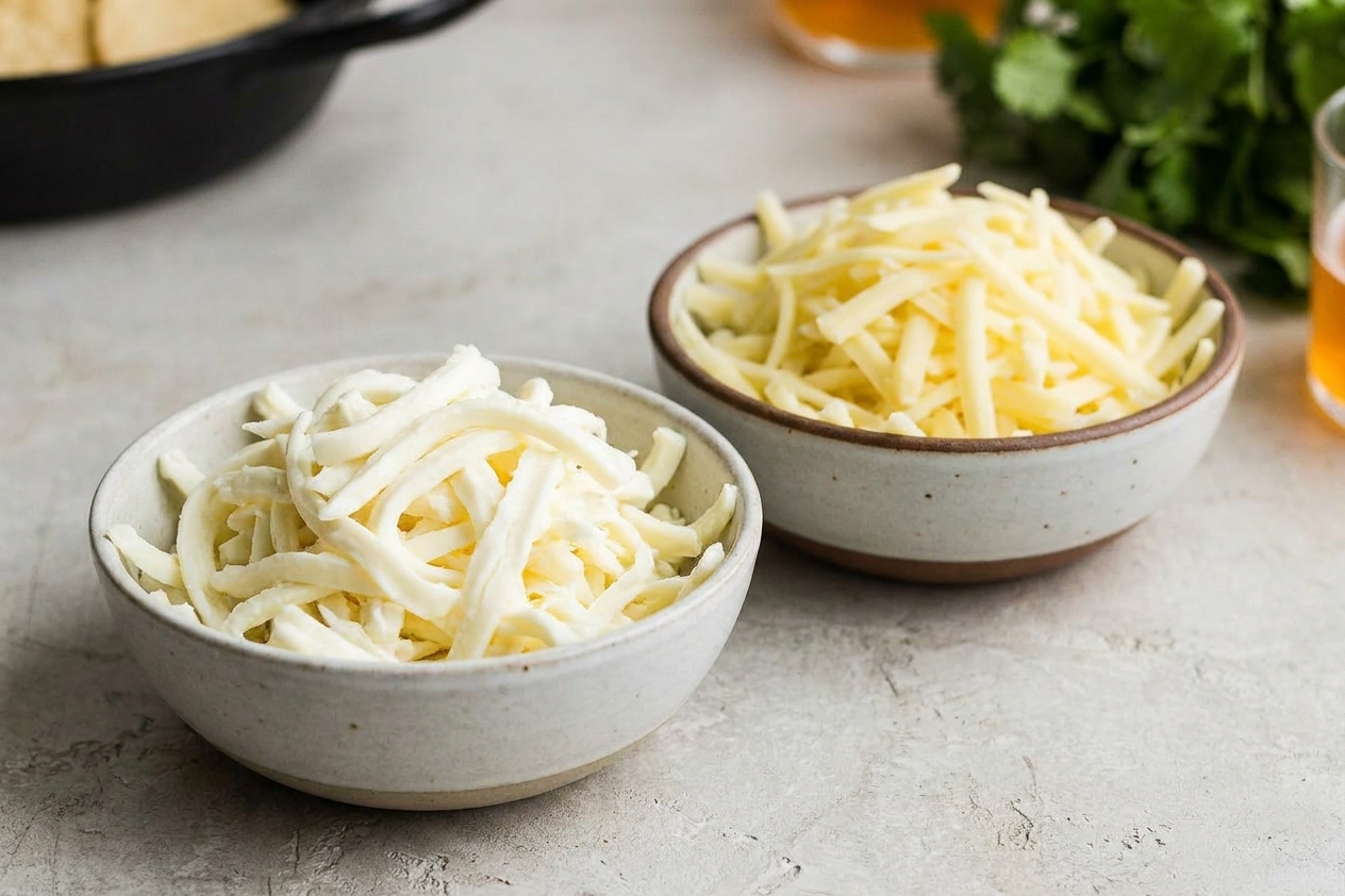 Freshly shredded Oaxaca and Monterey Jack cheeses in bowls on a kitchen counter