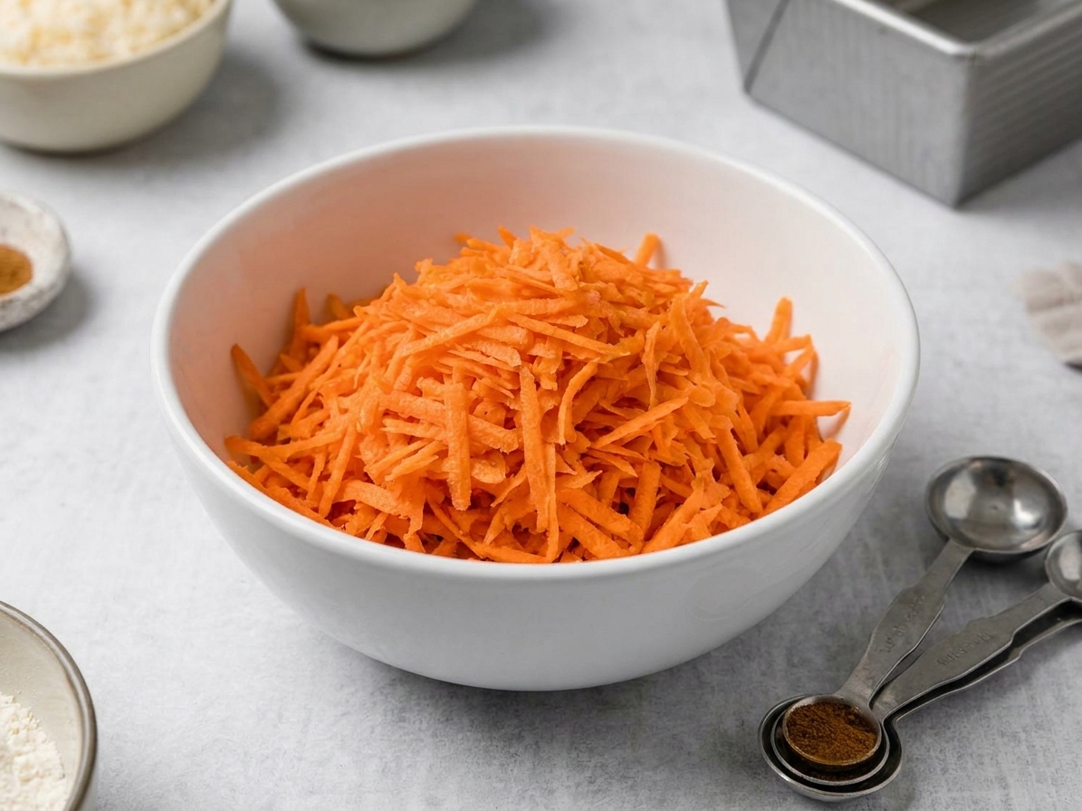 Freshly shredded carrots piled in a white mixing bowl on a light stone countertop with measuring spoons nearby