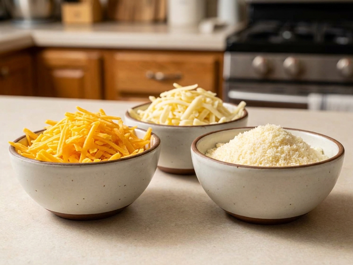 Freshly shredded cheddar, Monterey Jack, and grated Parmesan in separate bowls on a kitchen counter