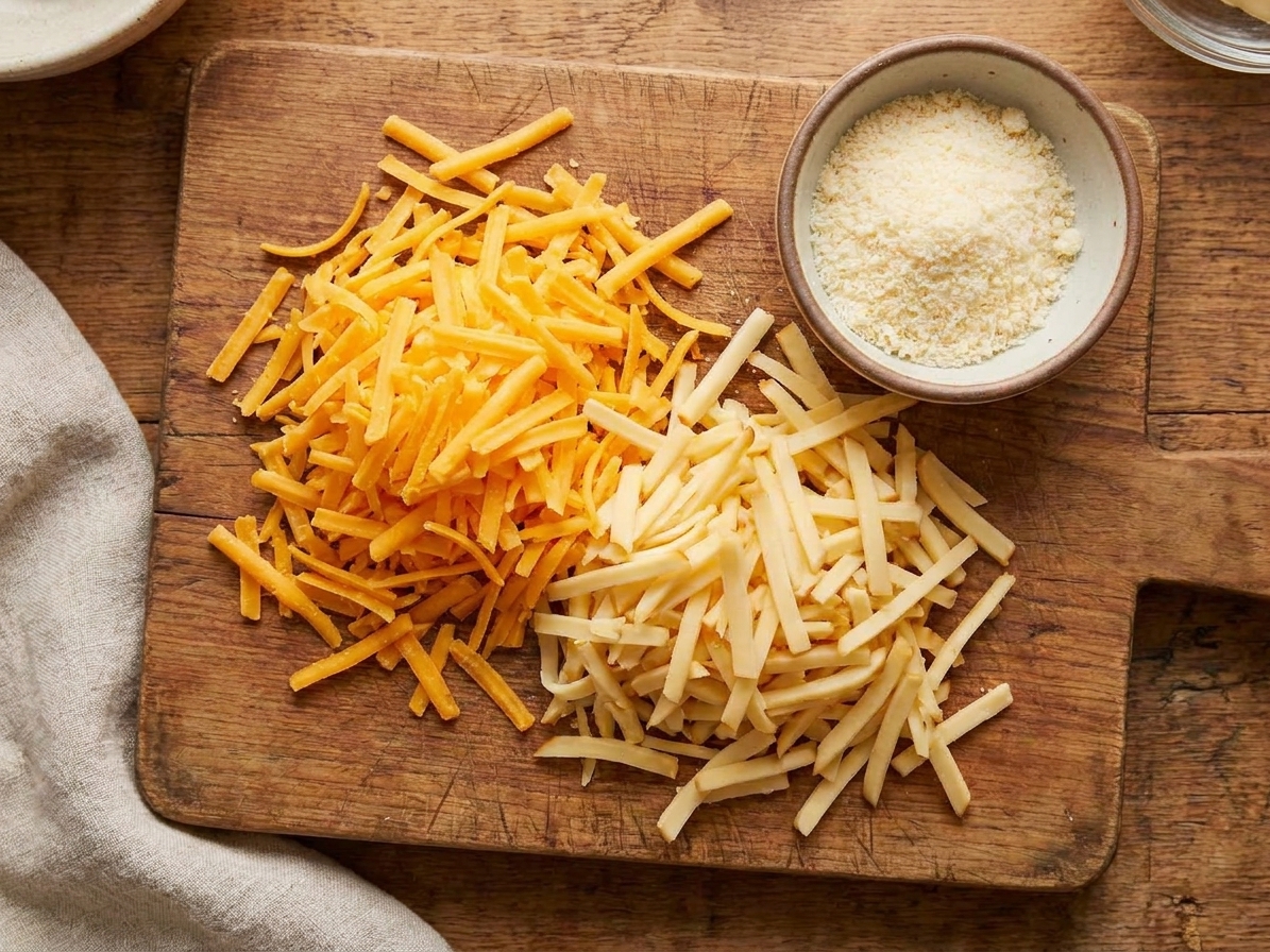 Freshly shredded cheddar and smoked gouda with a small bowl of grated Parmesan on a cutting board