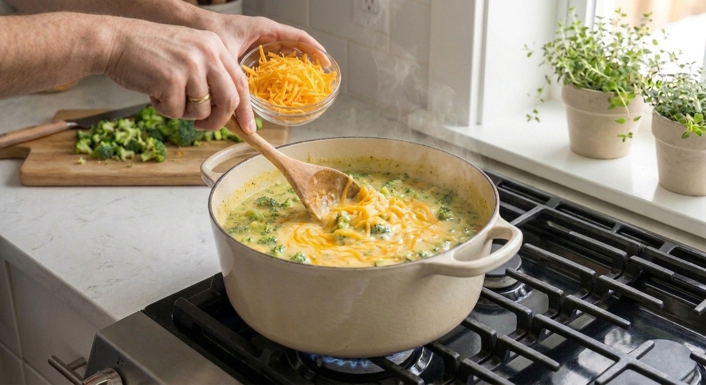 Freshly shredded cheddar being stirred into hot broccoli soup in a pot, cheese melting into a creamy texture
