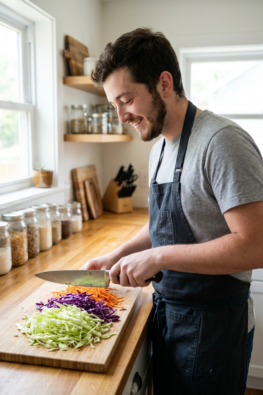 Freshly shredded green cabbage, purple cabbage, and carrots piled on a cutting board with a chef's knife in a bright home kitchen