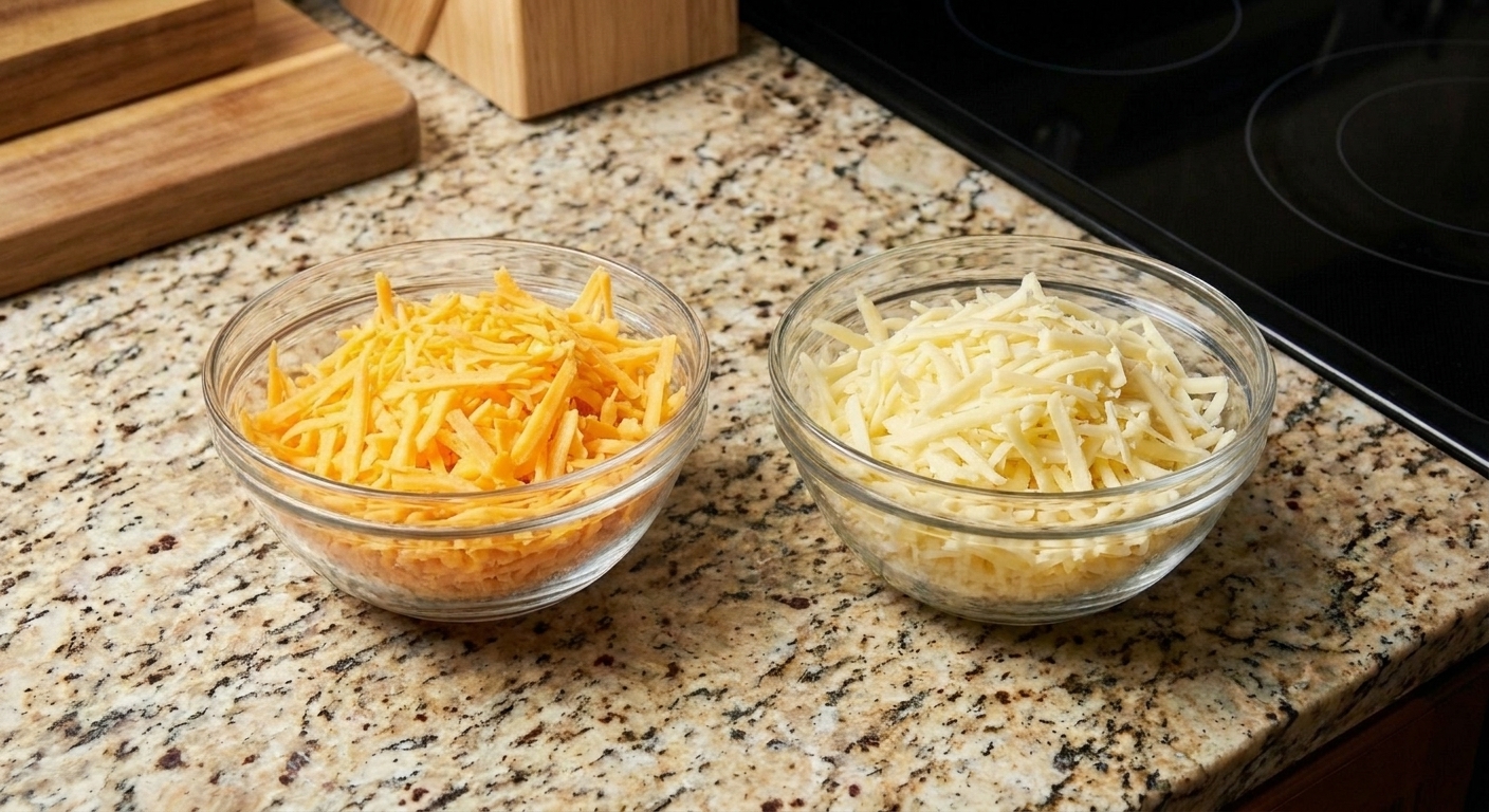 Freshly shredded sharp cheddar and Monterey Jack cheese in separate bowls on a kitchen counter