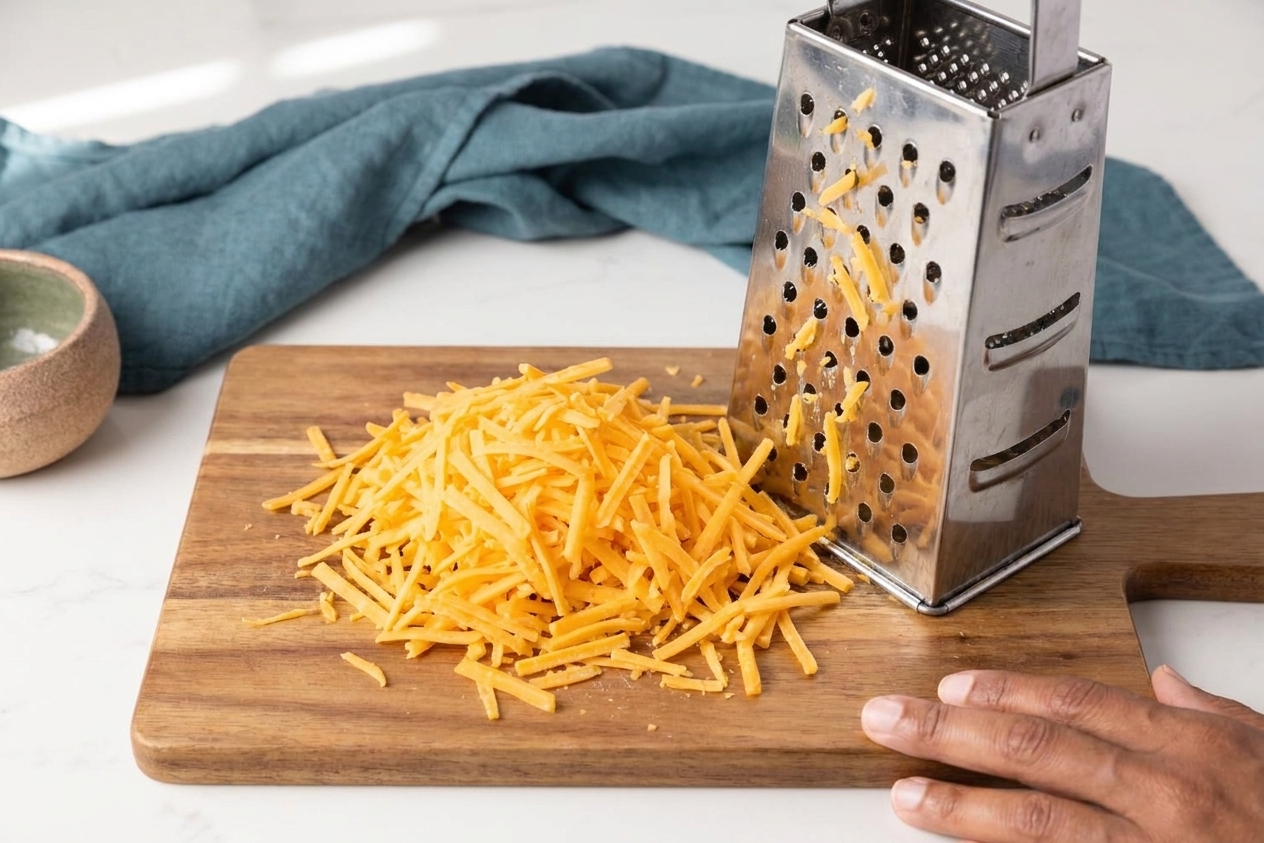 Freshly shredded sharp cheddar cheese piled on a wooden cutting board next to a box grater on a kitchen counter