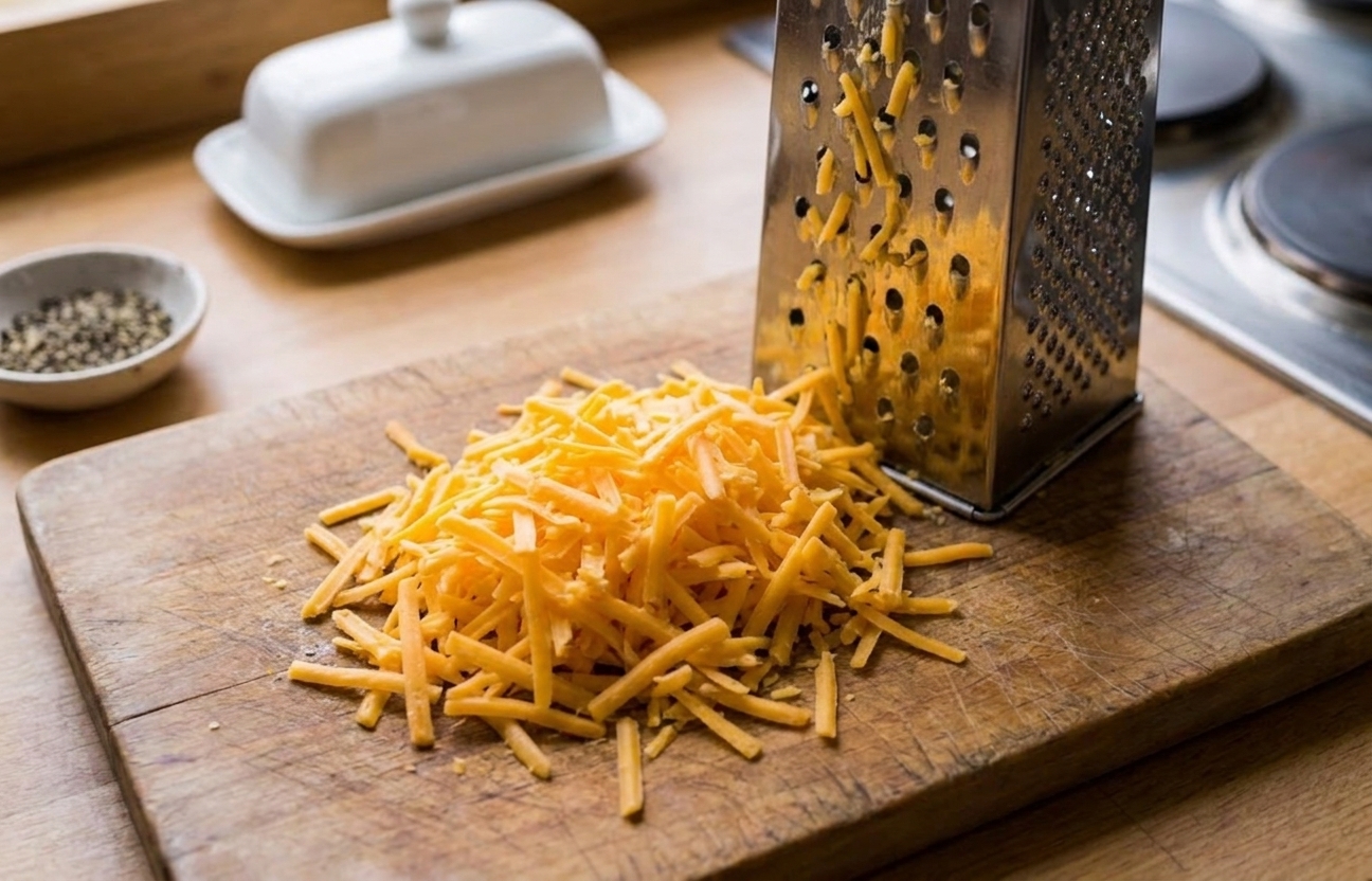 Freshly shredded sharp cheddar piled on a wooden cutting board next to a box grater on a bright kitchen counter