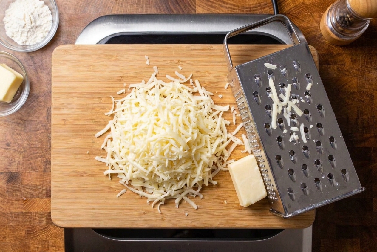 Freshly shredded white cheddar cheese piled on a cutting board next to a box grater on a kitchen counter