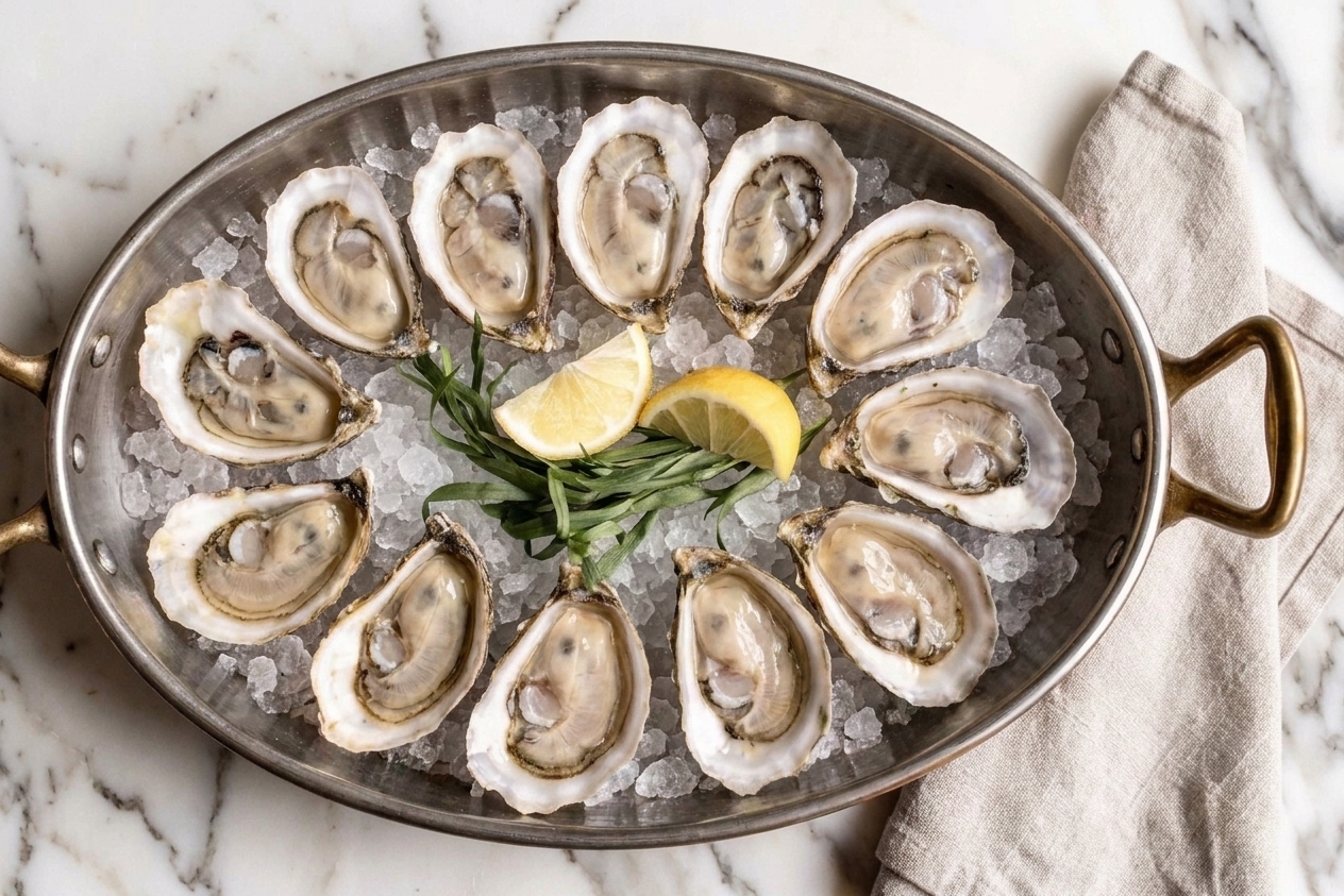 Freshly shucked oysters nestled on crushed ice on a metal platter with lemon wedges