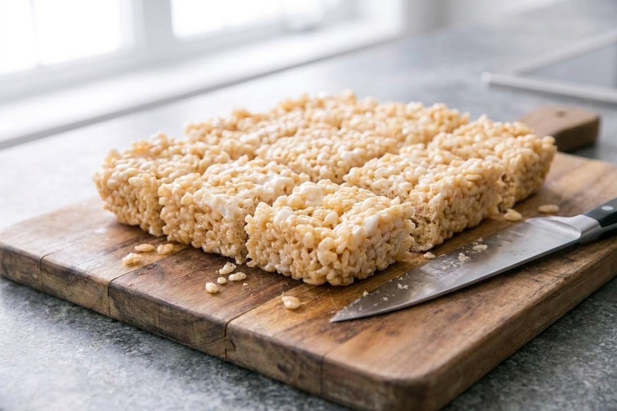 Freshly sliced Rice Krispie squares on a wooden cutting board with a knife beside them in natural window light