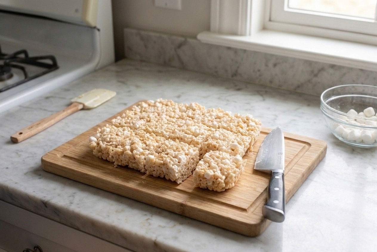 Freshly sliced Rice Krispies treats on a wooden cutting board with a knife nearby in a bright kitchen