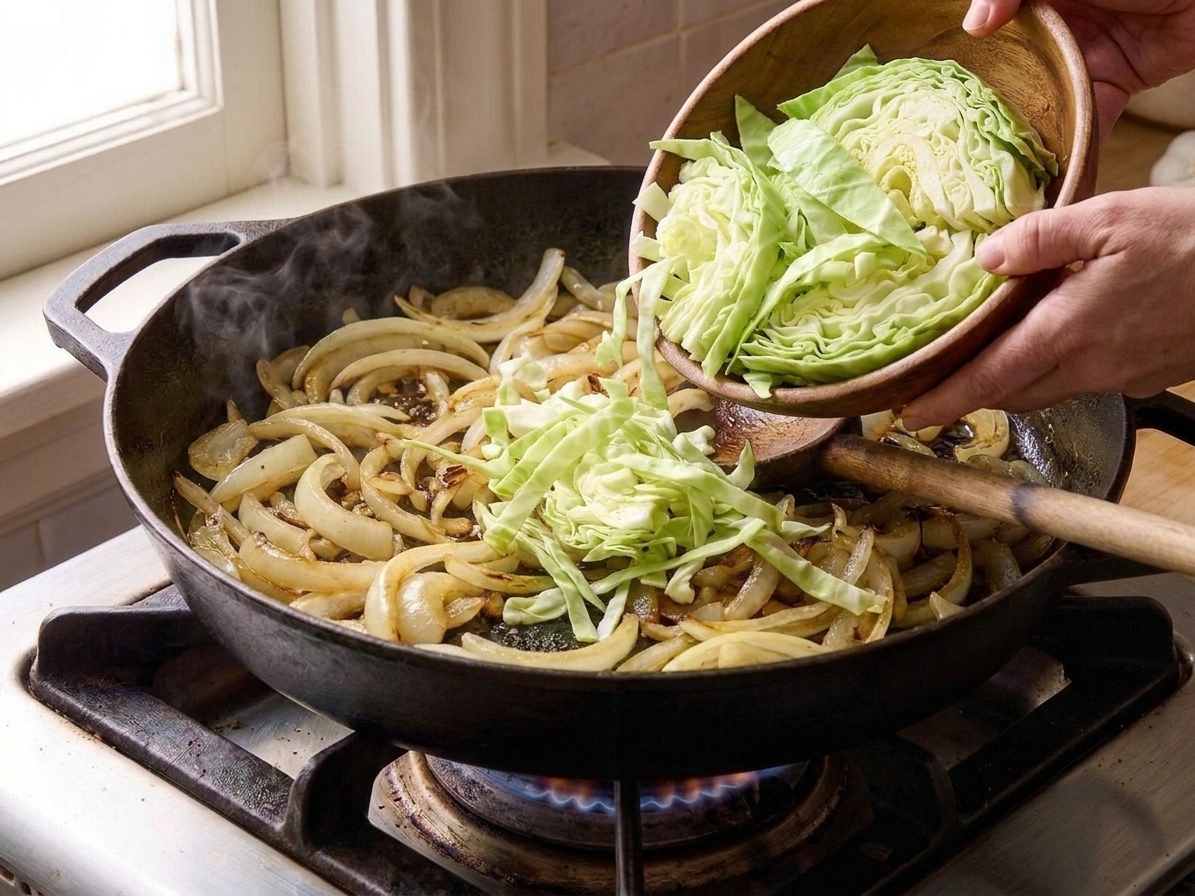 Freshly sliced cabbage being tossed with onions and spices in a large skillet