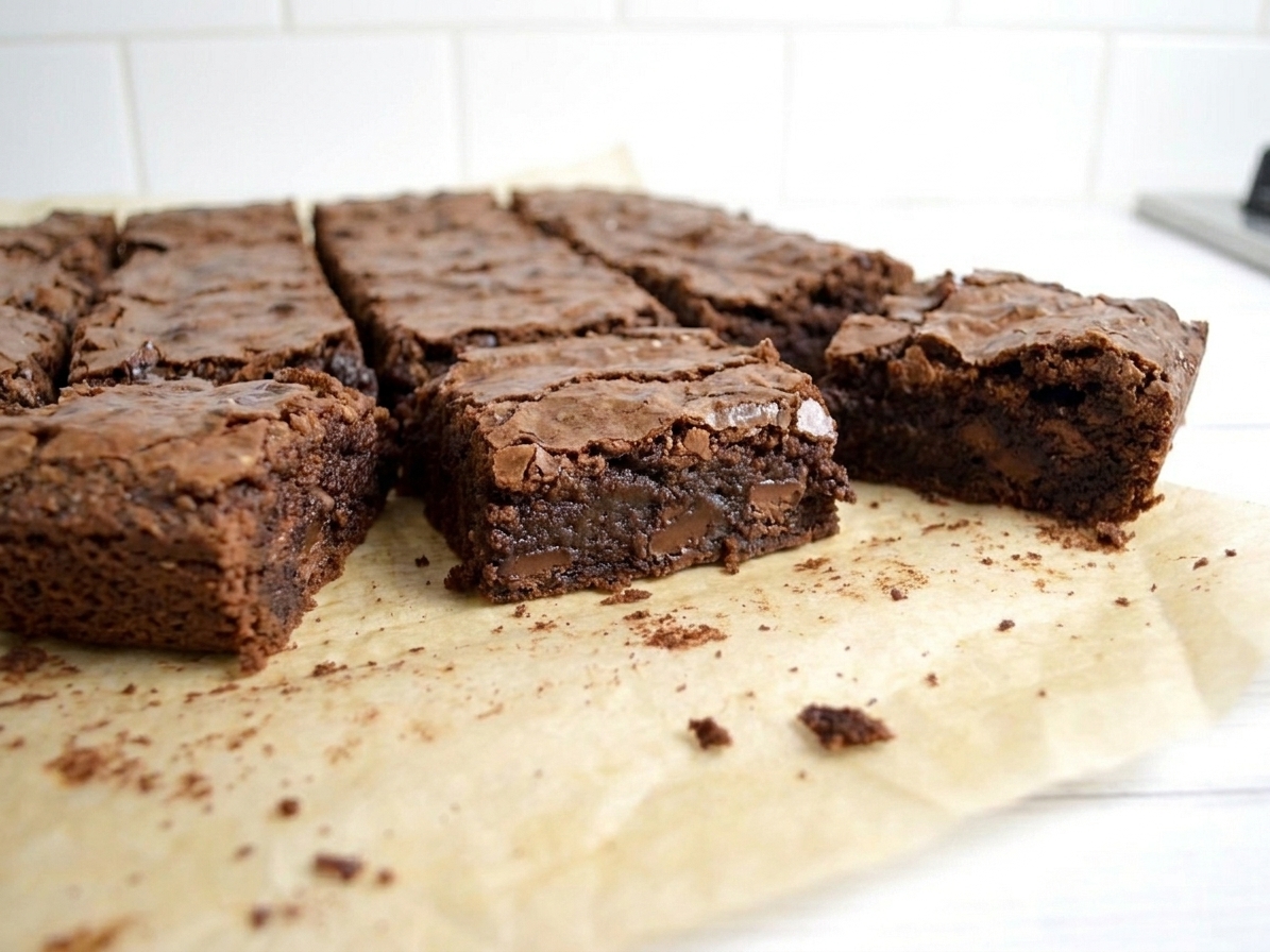 Freshly sliced cocoa brownies on parchment paper, showing fudgy centers and crisp edges