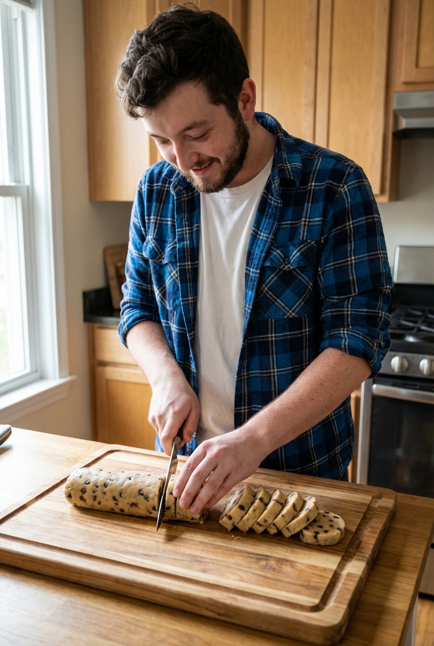 Freshly sliced cookie dough log on a cutting board with rounds ready to bake