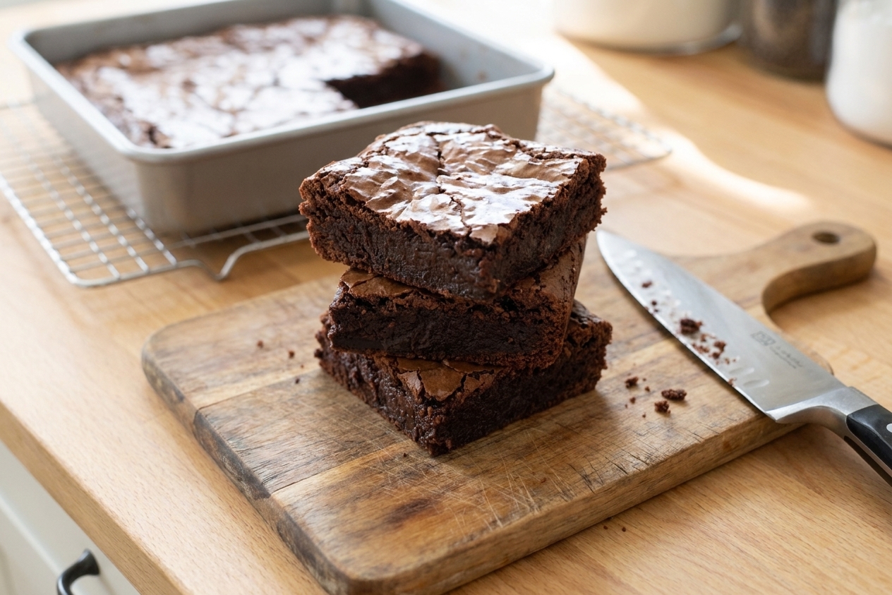 Freshly sliced fudgy brownies with crackly tops on a wooden cutting board on a kitchen counter