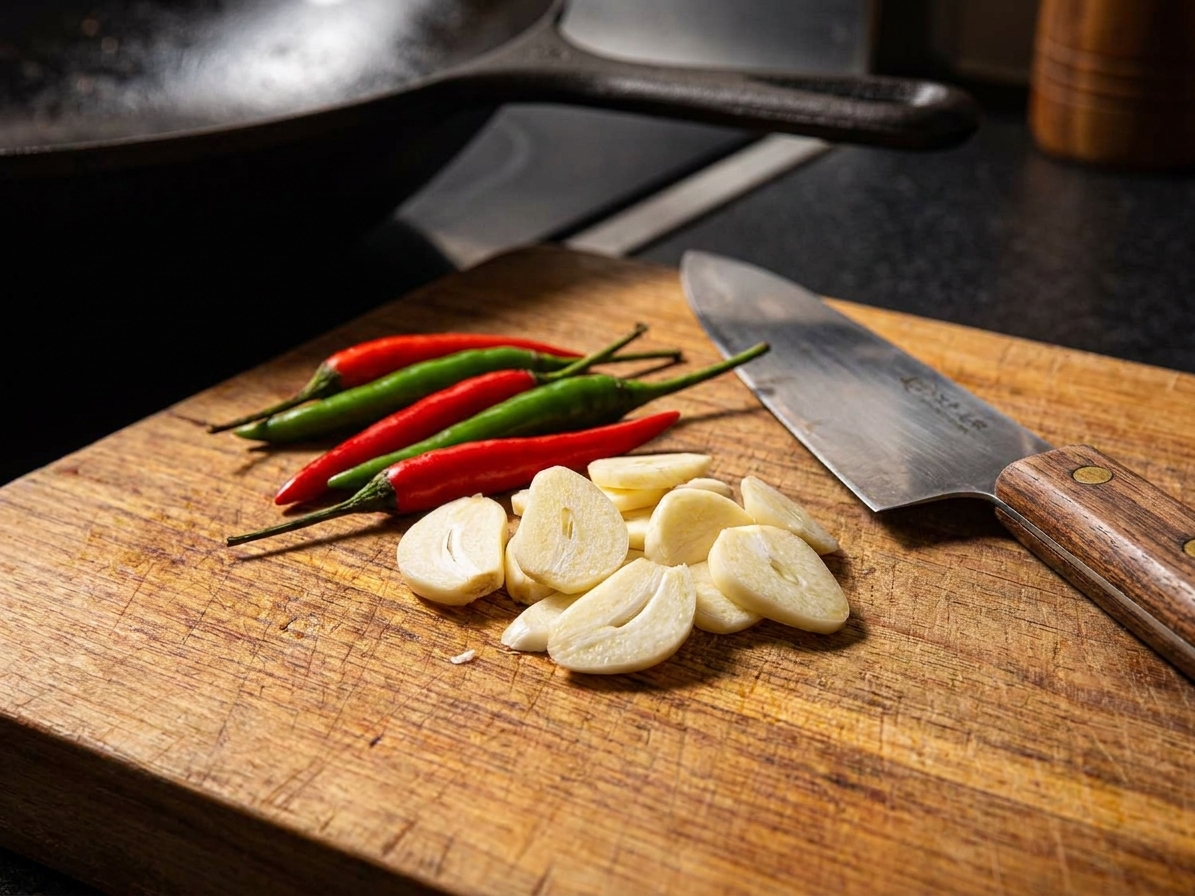 Freshly sliced garlic and Thai chilies on a wooden cutting board beside a chef's knife