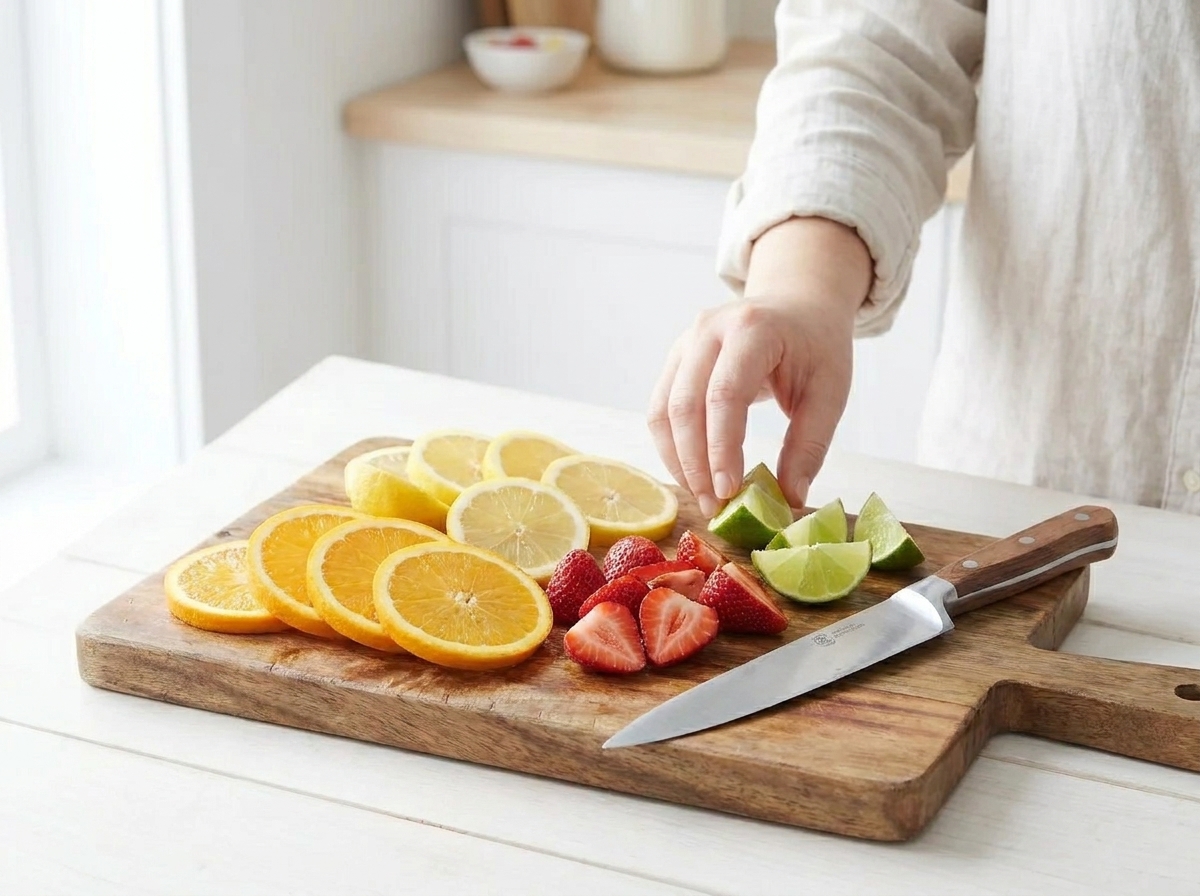 Freshly sliced oranges, lemons, and limes with sliced strawberries on a wooden cutting board beside a chef knife